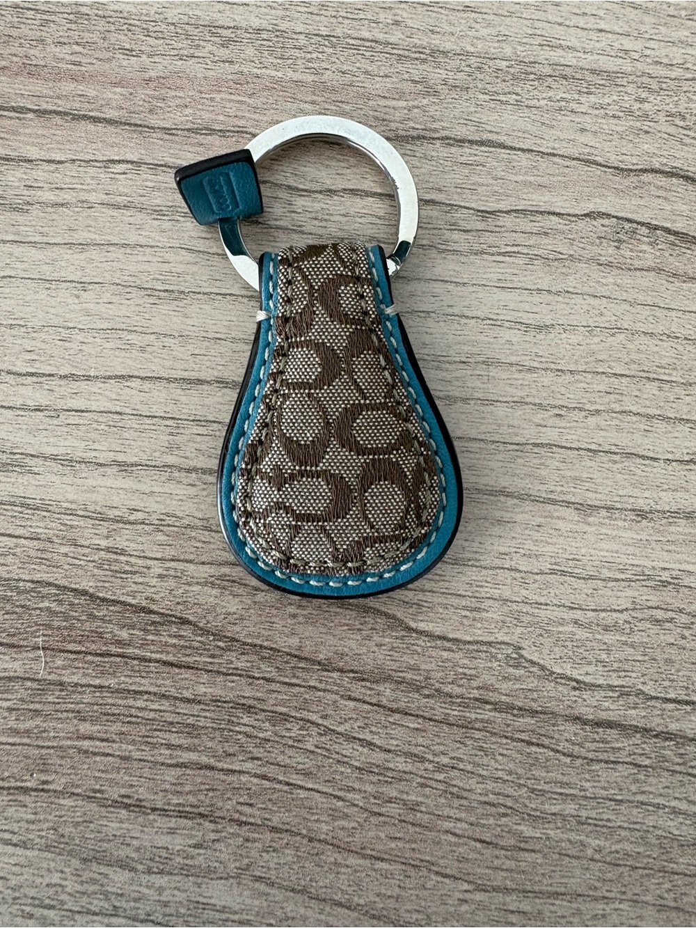 Coach Brown Signature Teardrop Key Ring with Teal Trim
